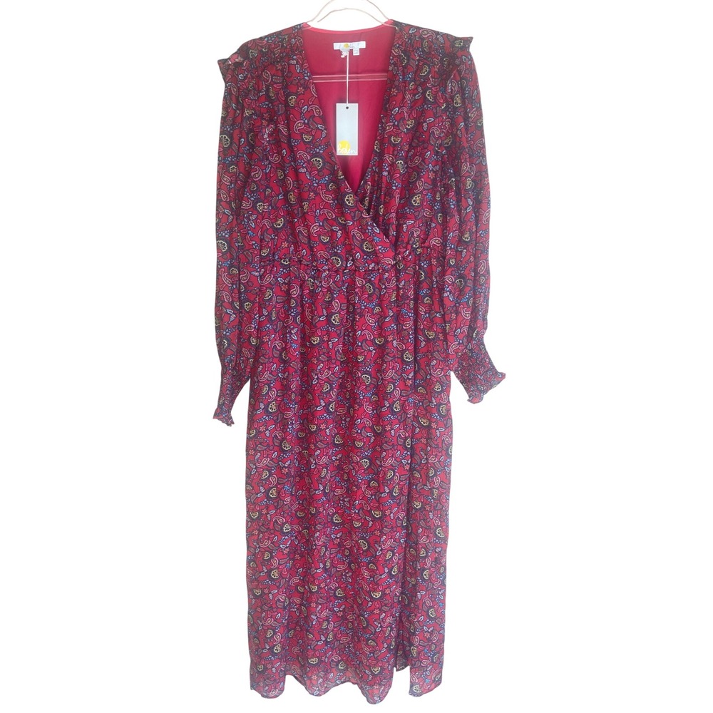Boden Paisley Midi Wrap Dress Womens 12L Red Long Sleeve NWT Smocked‎ Ruffle
